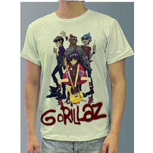 фото Футболка мужская белая молочный оттенок из хлопка с dtf принтом музыка gorillaz - 42 будь на стиле