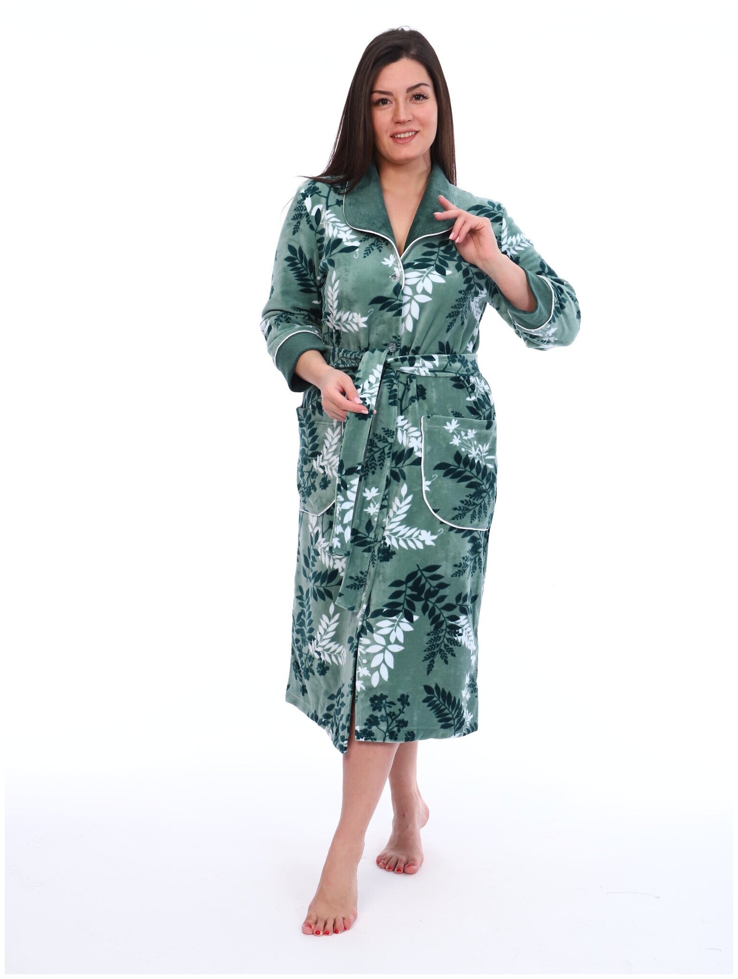 Домашний женский халат на пуговицах натуральный велюр миди (зеленый / 56) - фотография № 2