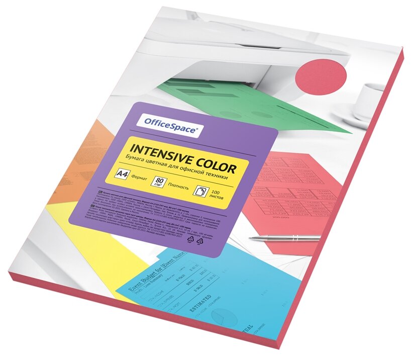 Бумага цветная А4 OfficeSpace Intensive Color интенсив красная, 80 г/кв.м, 100 листов (IC_38230)