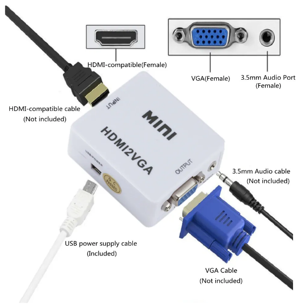 Конвертер HDMI - VGA+Audio+питаниеот USB + Блок питания от сети в комплекте