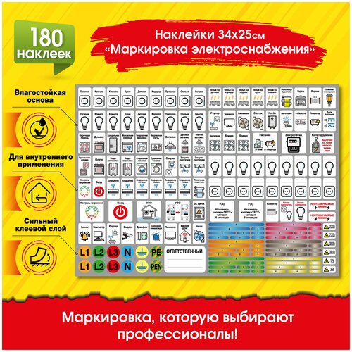Наклейки для электрощитов, маркировка электроснабжения. В комплекте 180 наклеек.