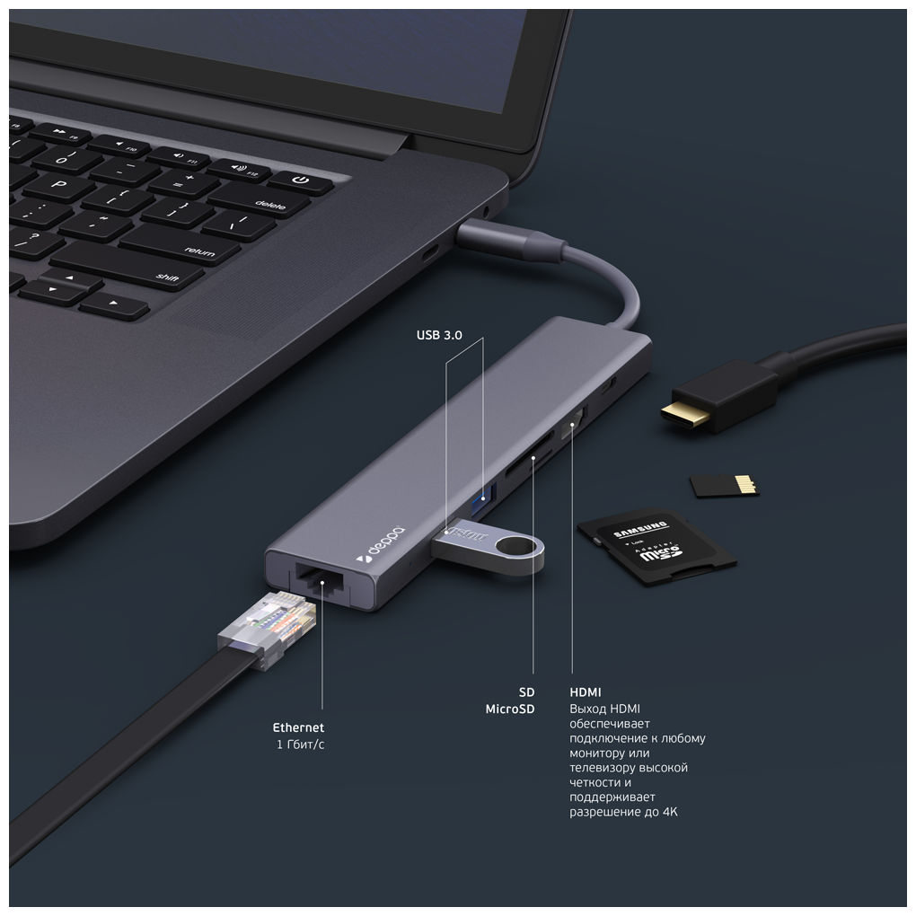 USB-концентратор Deppa USB Type-C 7 в 1 (73127), разъемов: 3, графит