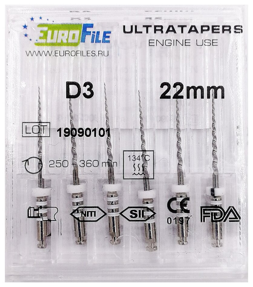 Стоматологический файл EuroFile машинные файлы для перелечивания Ultratapers Engine D3 22мм, белый, 6 шт.