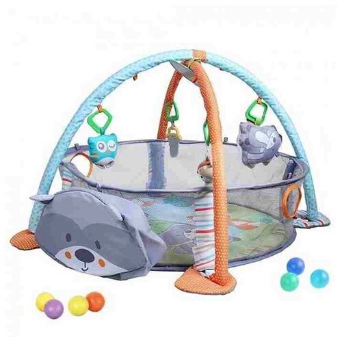 фото Развивающий коврик konig kids 3в1 енотик, 4 подвесные игрушки, сетчатая ограда с отверстиями для шариков, шарики 30 шт. в комплекте