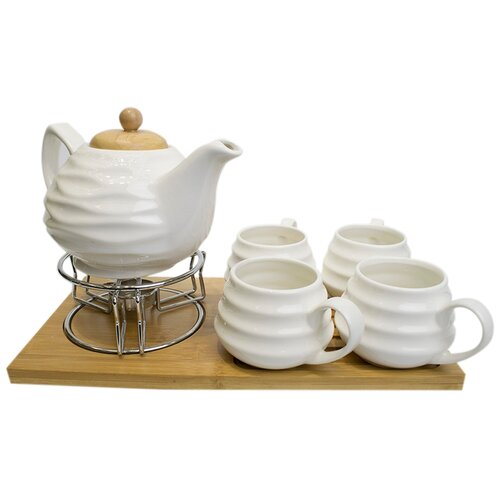 фото Чайный набор, чайник, 4 чашки, подставка, белый, 34х17х21 см, marma mm-set-01