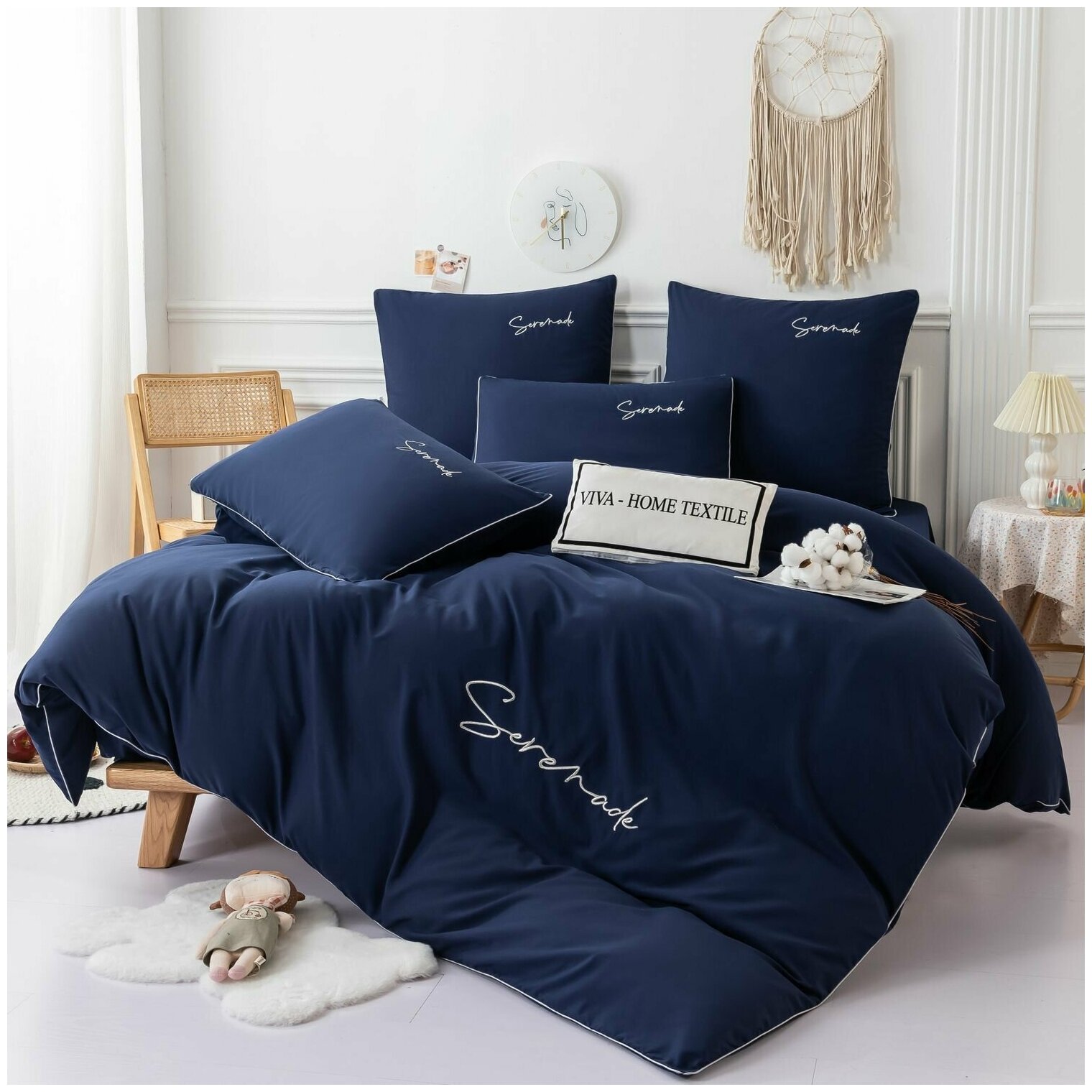 фото Комплект постельного белья VIVA-HOME TEXTILE Однотонный Сатин Вышивка, евро, простынь на резинке 160х200, 4 наволочки 50х70, 70х70