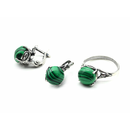 Комплект бижутерии: кольцо, серьги, малахит синтетический, размер кольца 19, зеленый комплект бижутерии радуга камня кольцо серьги колье малахит малахит синтетический размер кольца 19 зеленый