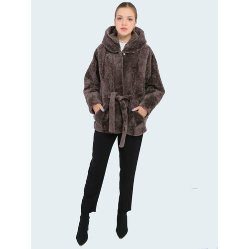 Куртка , мутон, средней длины, силуэт свободный, пояс/ремень, размер 50-52, серый, коричневый