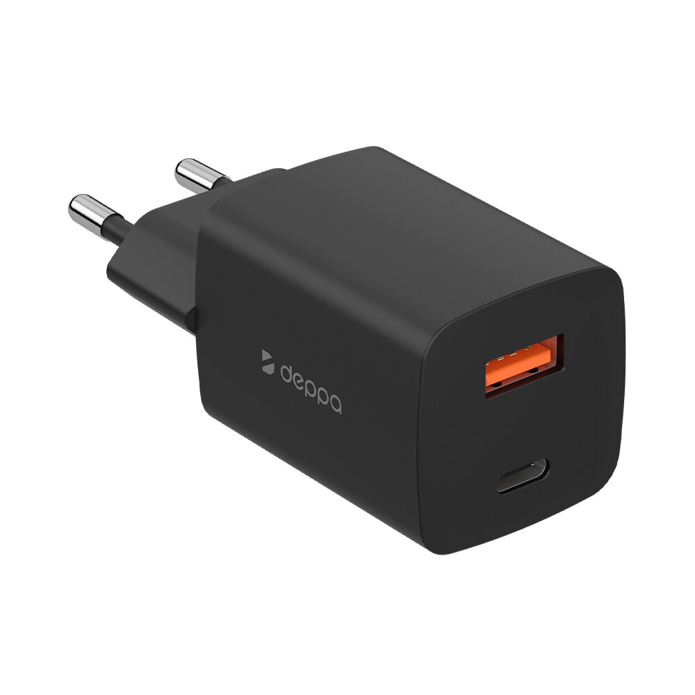 Сетевое зарядное устройство Wall Charger GaN USB A + USB-C, PD 3.0, QC 3.0, 45W, черный, Deppa, Deppa 11436