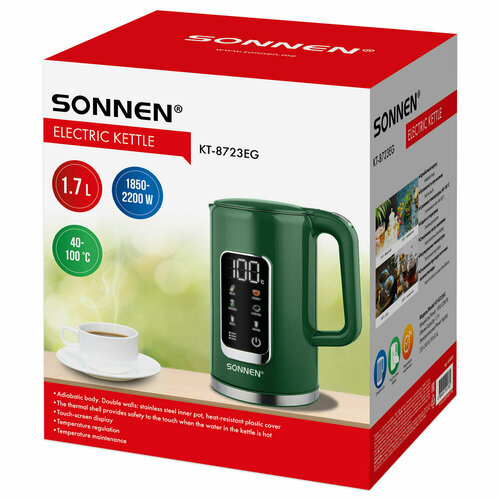 Чайник с терморегулятором и дисплеем двойные стенки SONNEN KT-8723EG 17 л 2200 Вт изумрудный 454689 3206₽