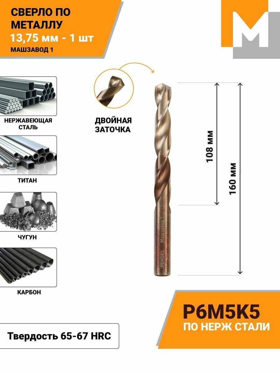 Сверло по металлу 13,75 мм Р6М5К5 кобальтовое машзавод 1