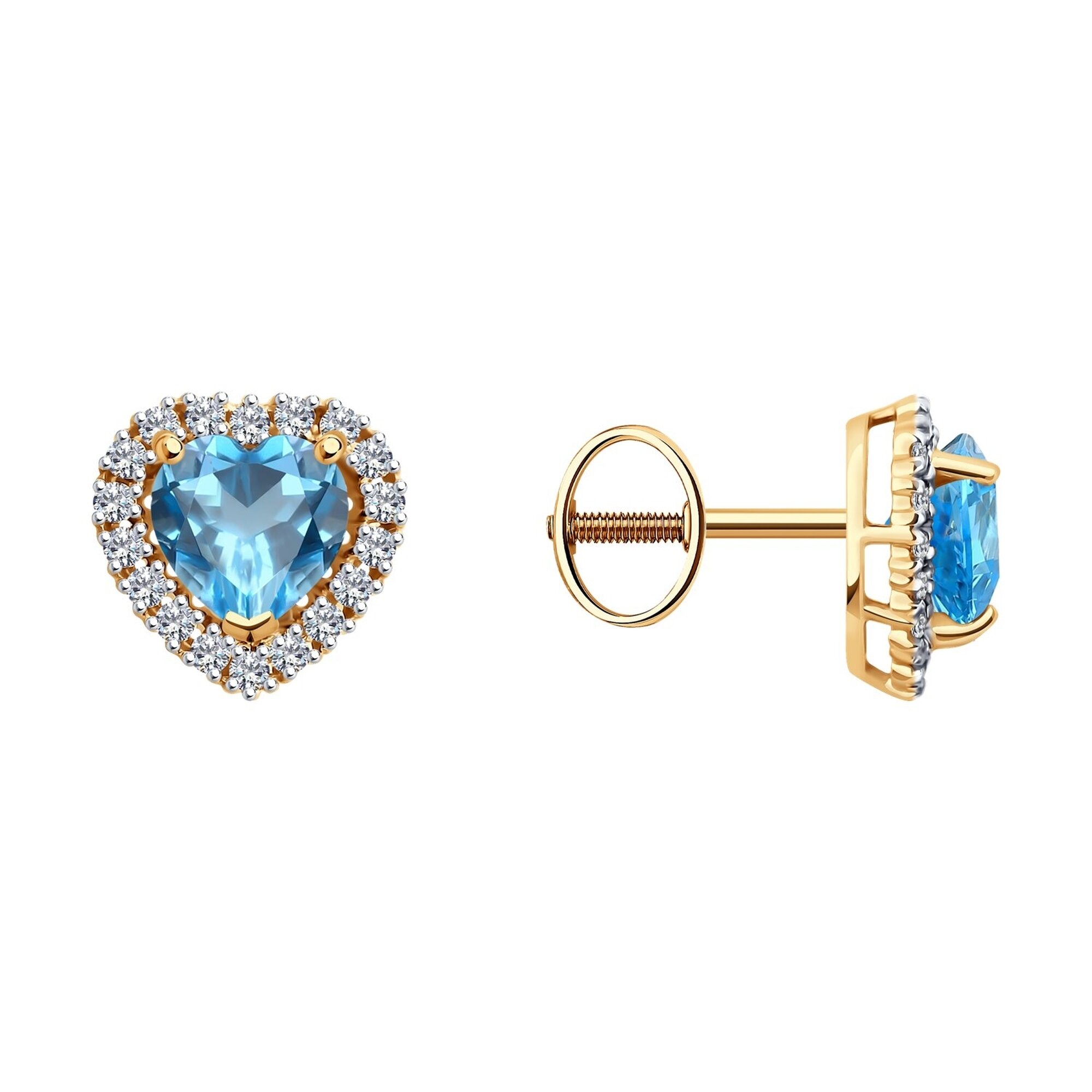 Серьги пусеты Diamant online, красное золото, 585 проба, топаз, фианит