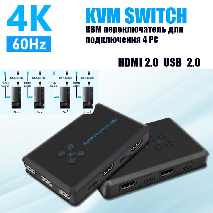 Переключатель KVM Switch 4 USB/4 HDMI KVM H401B поддержка 4K/60HZ, HDMI 2.0, HDCP 2.2