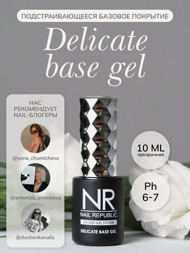 Изображение товара База Nail Republic NR Delicate Base Gel, для маникюра и педикюра, 10 мл, каучуковая, прозрачная