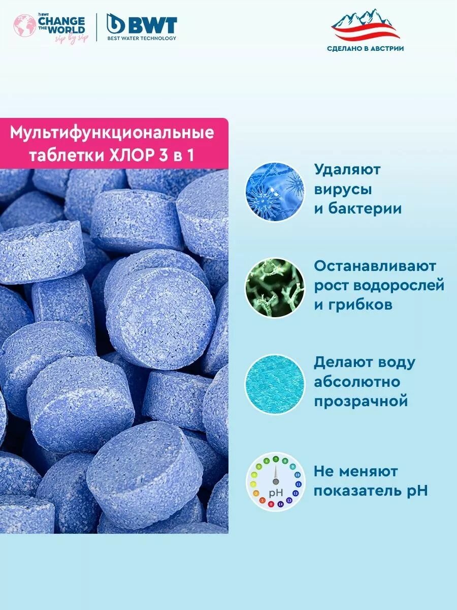 Изображение Таблетки для бассейна Мультифункциональные универсальные 3 в 1 хлор в таблетках по 20гр BWT 1 кг