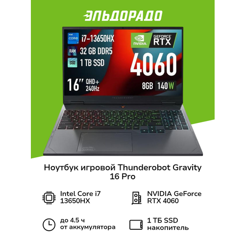 Ноутбук игровой Thunderobot Gravity 15 Pro156Core i7 13650HX321TBRTX 4060WinGrey JT009Y00FRU 169999₽