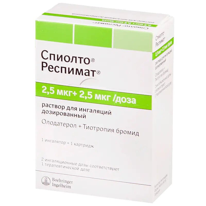 Спиолто Респимат раствор для ингаляций дозированный 25 мкг+25 мкг/доза 4 мл картриджи в комплекте с ингалятором респимат 1 шт