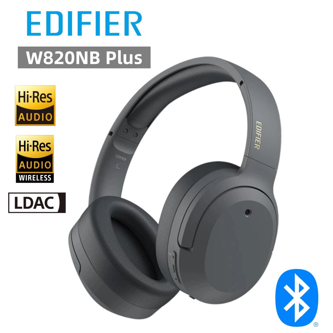 Наушники Edifier W820NB Plus серый, беспроводные, полноразмерные, с шумоподавлением, Bluetooth 5.2