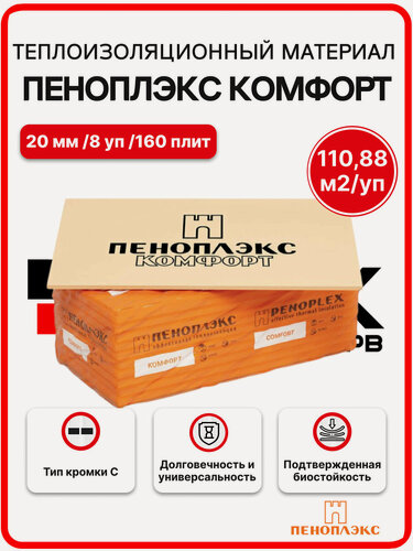 Изображение товара Пеноплекс Комфорт 20 мм ( 8 уп / 110,88 м2 / 160 плит) утеплитель из пенополистирола для стен, крыши