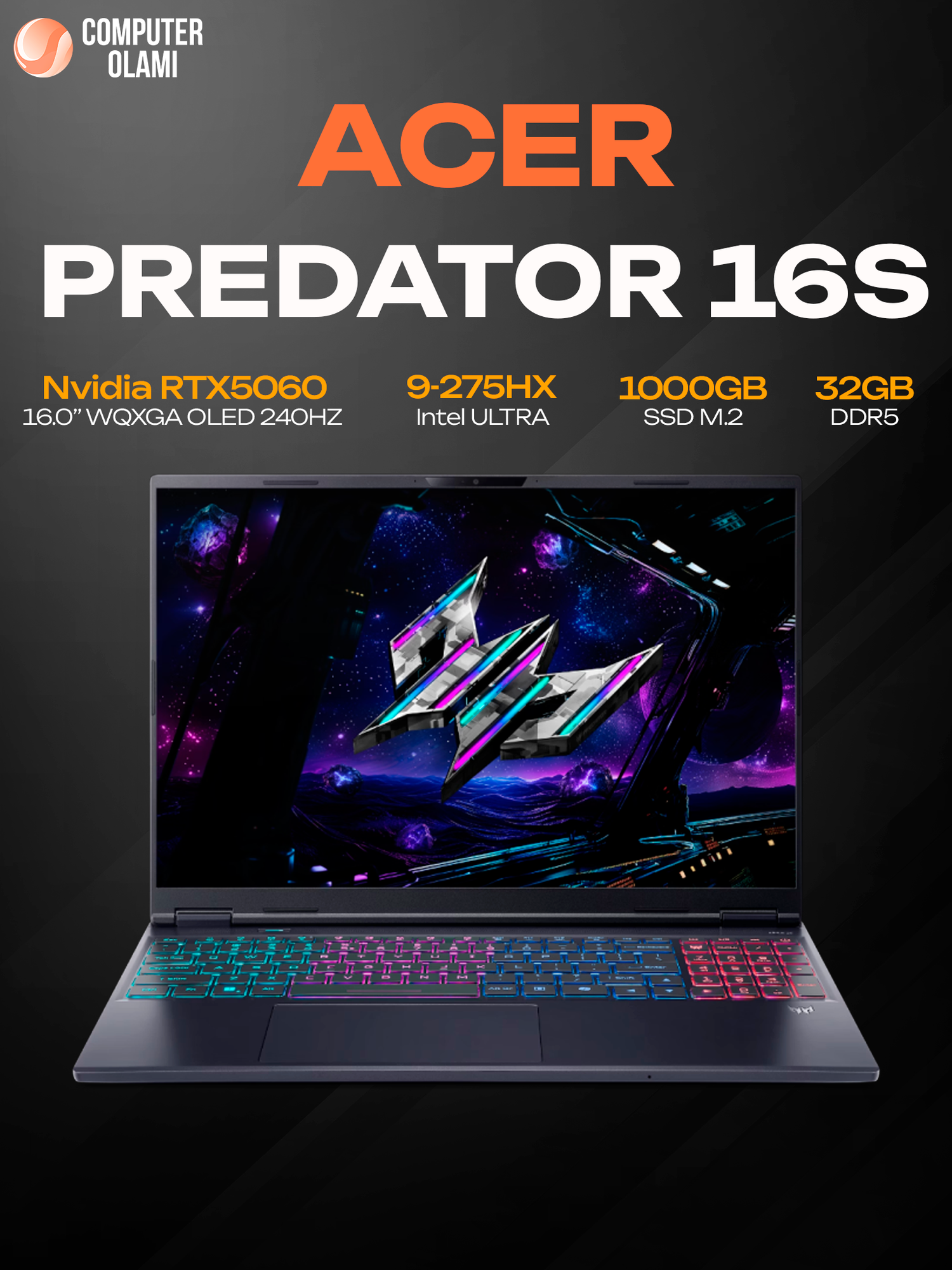 Игровой ноутбук Acer Predator Helios Neo 16S AI PHN16S-71-91JF, Ultra 9-275HX, 32/1 ТБ, RTX 5060 8 ГБ, 16" OLED 240 Гц