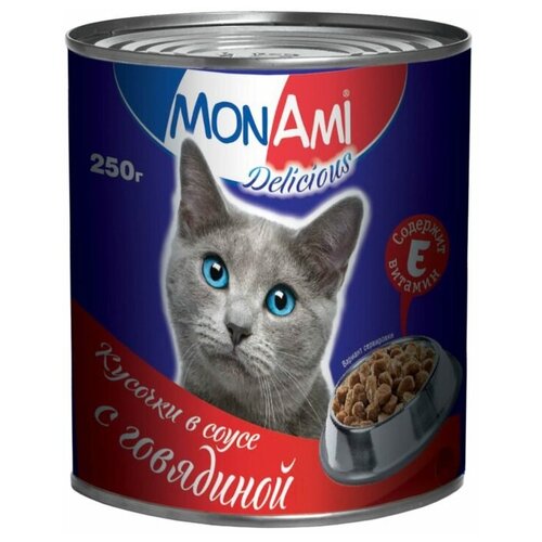 Влажный корм для кошек MonAmi с говядиной 250 г (кусочки в соусе) monami монами консервированный корм для кошек цыпленок 350гр