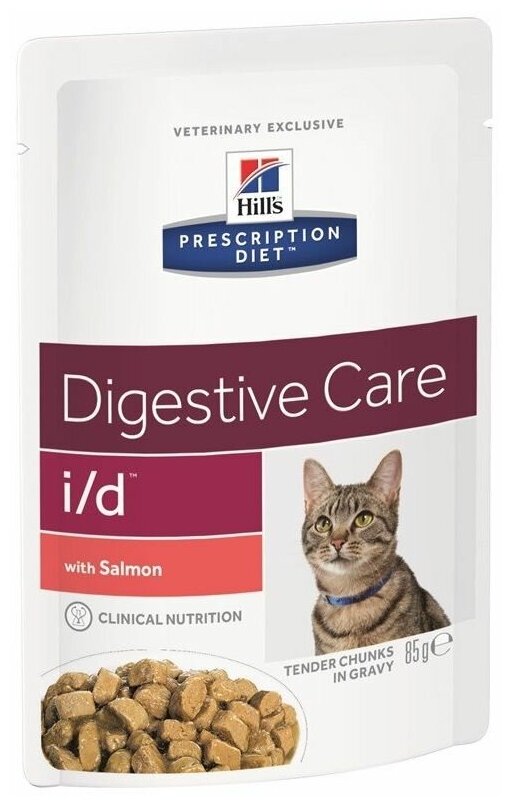 Влажный корм для кошек Hill's Prescription Diet i/d Digestive Care при расстройствах пищеварения, жкт, с лососем 10 шт. х 85 г (кусочки в соусе)