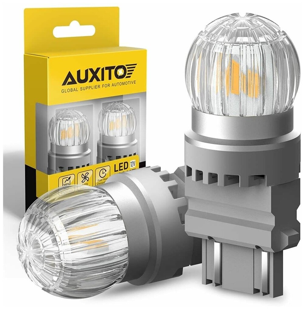 Светодиодная лампа AUXITO 3157 P27/7W цоколь WX2,5x16q 2шт двухконтактная 3000К желтый свет LED автомобильная