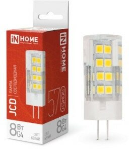 Лампа светодиодная LED-JCD 8Вт 230В G4 4000К 760Лм IN HOME 4690612036205