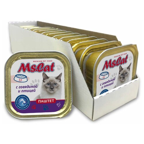 Влажный корм для кошек Ms.Cat с говядиной, с птицей 15 шт. х 100 г (паштет)