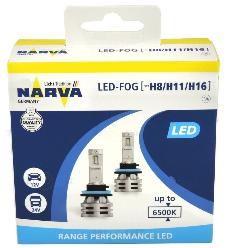 Лампы светодиодные NARVA LED H11 /H8/H16 12/24V-LED (PGJ19-) 6500K 24W Range Performance LED FOG (к.уп.2 шт.) 18036