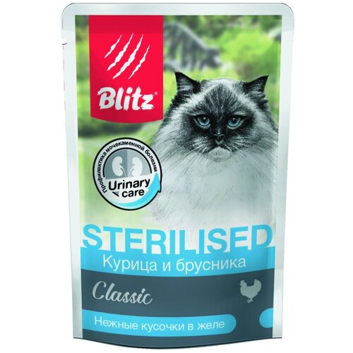 Корм Blitz Cat Adult Sterilised влажный корм для стерилизованных кошек с курицей и брусникой в желе 24 шт х 85 г