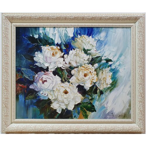 Картина холст-масло Цветы, оформлено в рамку 62х52см.