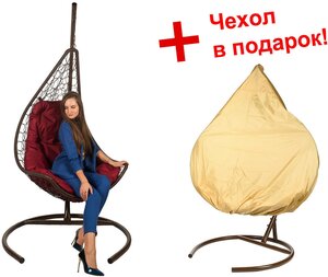 Подвесное кресло из ротанга "Wind Brown" бордовая подушка