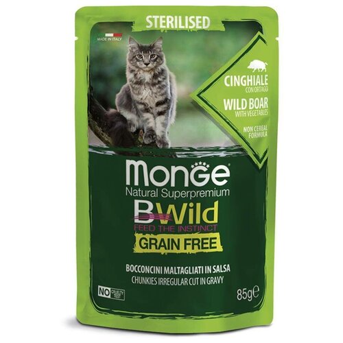 Влажный корм для стерилизованных кошек Monge BWILD Feed the Instinct, беззерновой, с кабаном, с овощами 5 шт. х 85 г (кусочки в соусе)