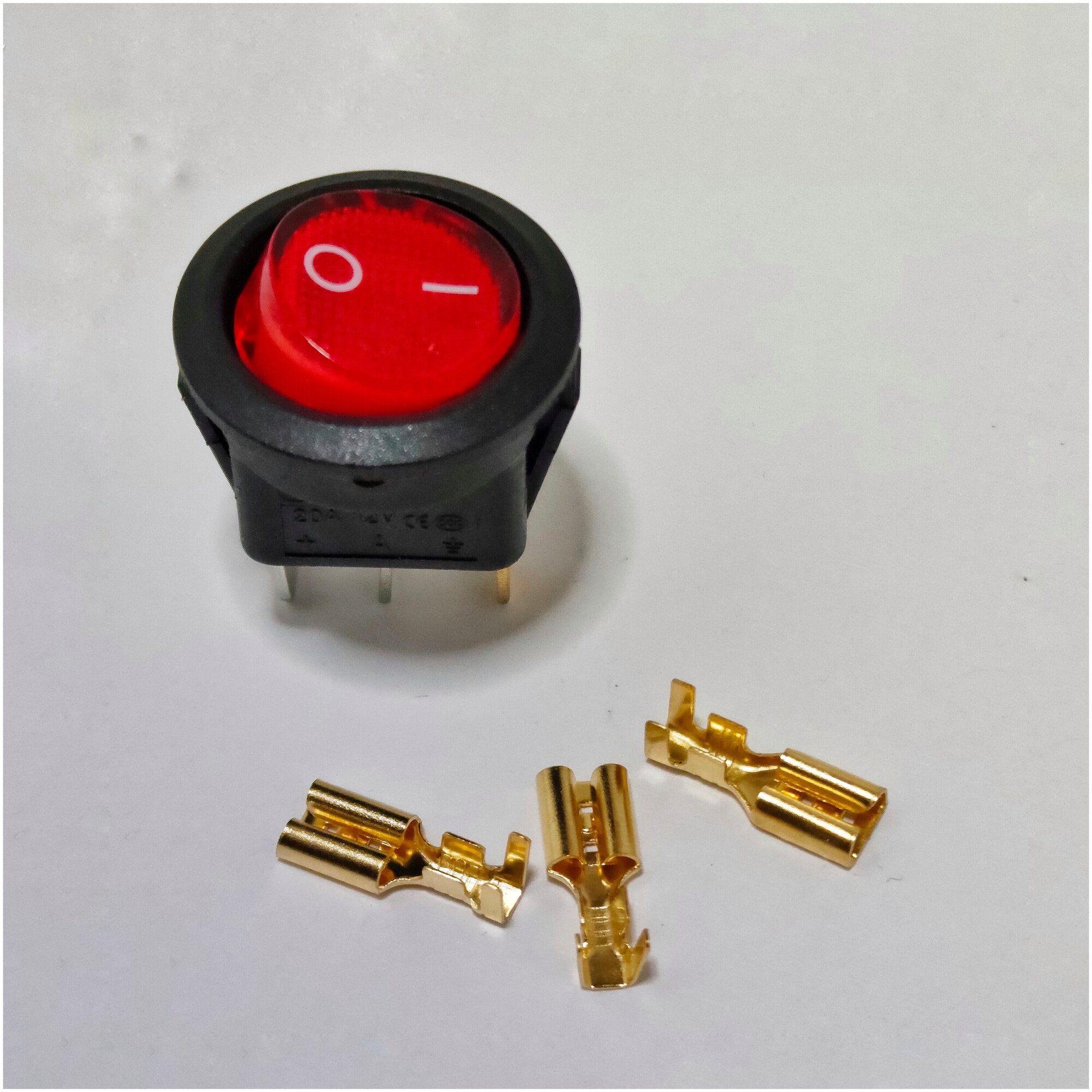 Выключатель клавишный круглый 12V 20А (3с) ON-OFF красный с подсветкой (комплект с клеммами и термоусадкой)