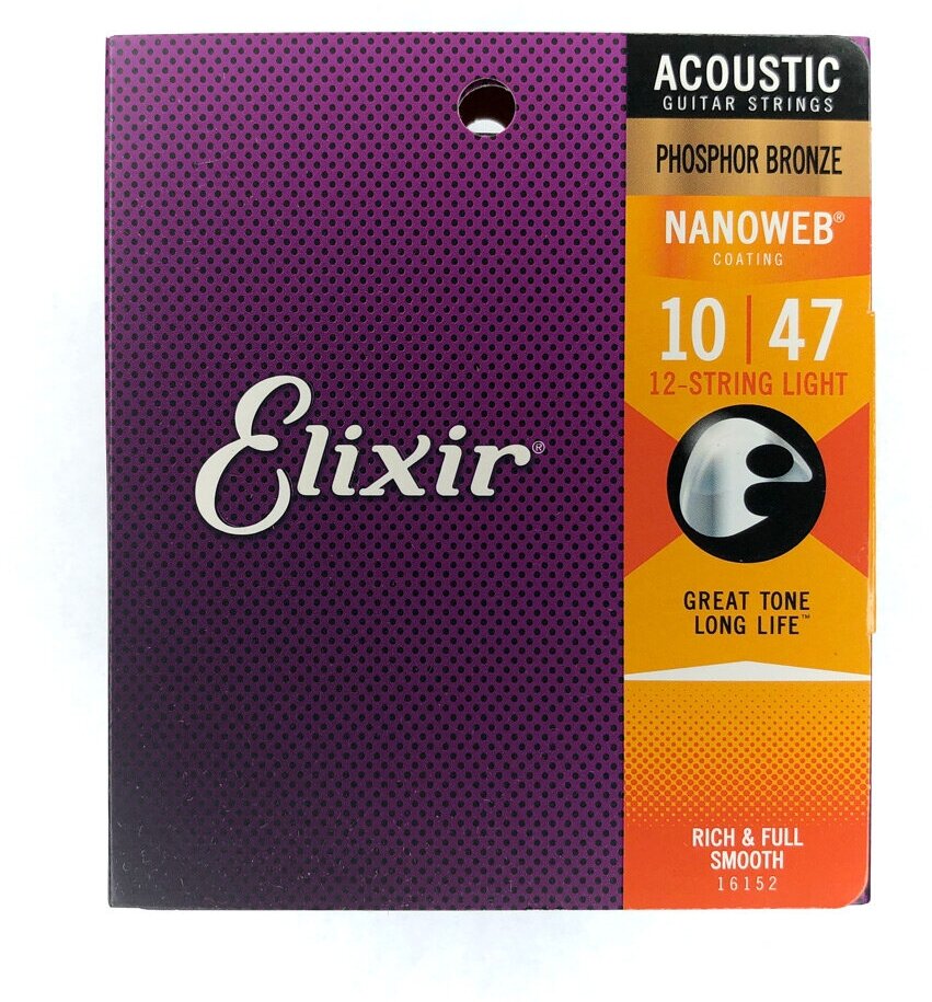 Струны для акустической гитары Elixir 16152 Nanoweb 12-Strings Light Phosphor 10-47