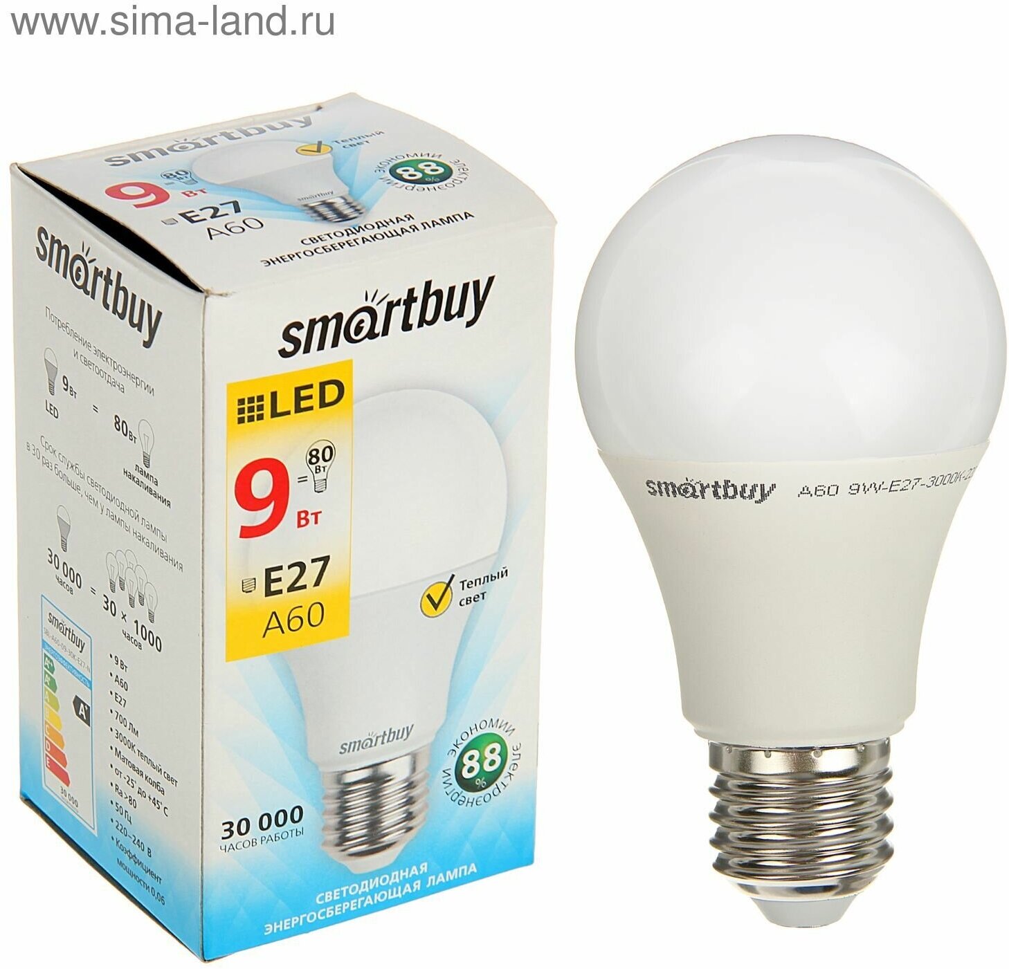 Лампа cветодиодная Smartbuy, E27, A60, 9 Вт, 3000 К, теплый белый свет