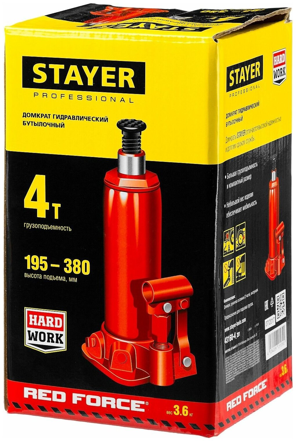 Домкрат STAYER 43160-4_z01 гидравлический бутылочный red force 4т 195-380мм