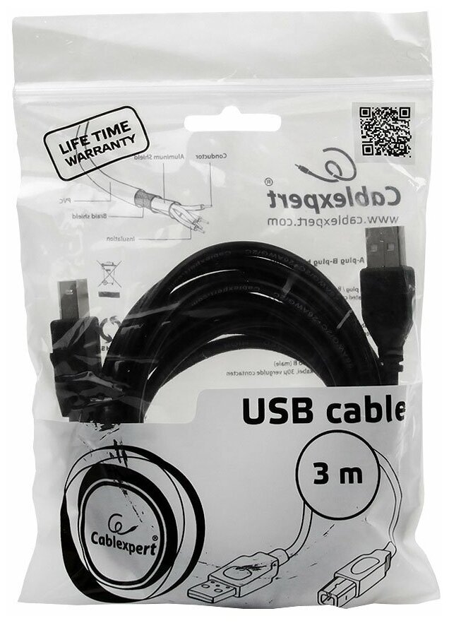 Кабель USB 2.0 Pro, 3.0 метра, экранировка для снижения помех, черный, Cablexpert AM/BM