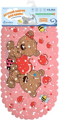 Детский коврик для ванны "весёлое КУПАНИЕ" 36х69 см. (с присосками) - Мишки с сердечками