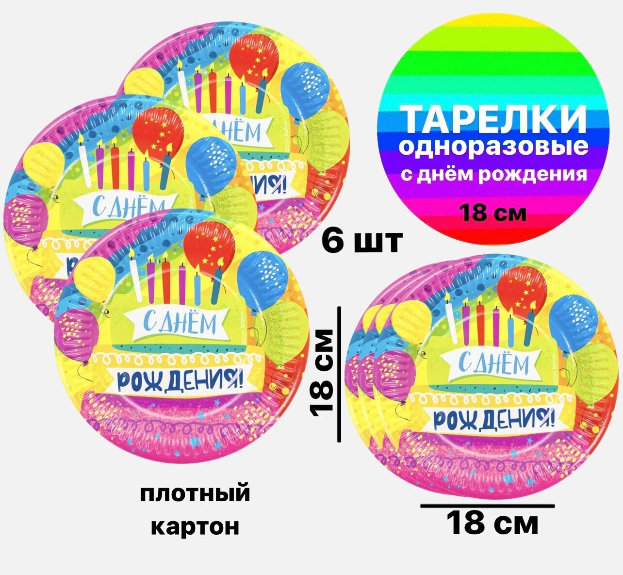 Тарелки (7'/18 см) С Днем Рождения! (яркий праздник), 6 шт.