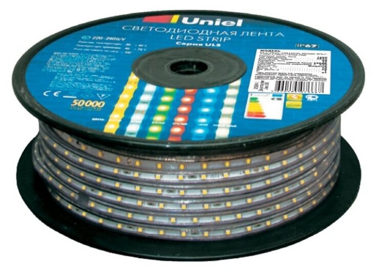 Uniel ULS-2835-60LED/m-10mm-IP67-220V-8W/m-50M-YELLOW Светодиодная лента. 50 м. UL-00000862