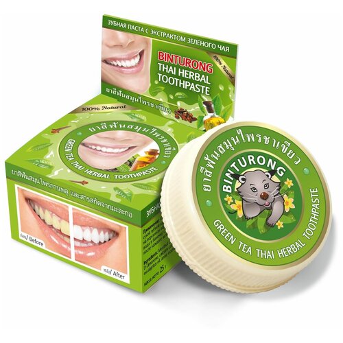 зубная паста с экстрактом зеленого чая binturong green tea thai herbal toothpaste 33 гр Зубная паста BINTURONG Green tea Thai Herbal с экстрактом зеленого чая, 33 мл, зеленый