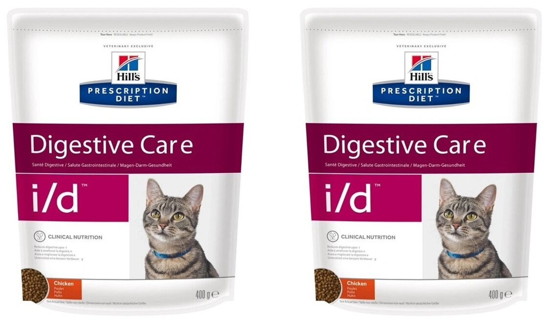 Сухой корм для кошек Hill's Prescription Diet i/d Digestive Care при расстройствах пищеварения, жкт, с курицей 2 шт. х 400 г - фотография № 1