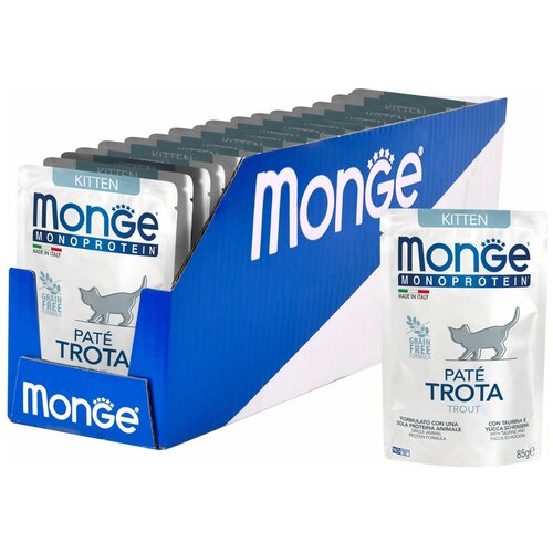 Влажный корм для котят Monge Monoprotein, беззерновой, с форелью 12 шт. х 85 г (паштет)