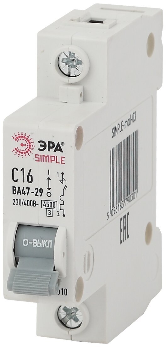 Автоматический выключатель 1P 16А (C) 45кА ВА 47-29 (12/180/3600) SIMPLE-mod-03 ЭРА SIMPLE