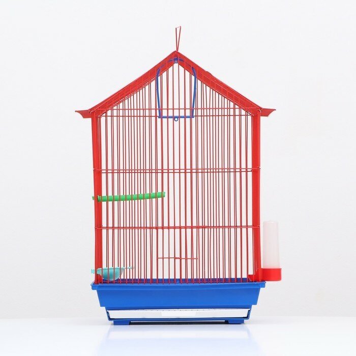 Клетка для птиц большая, крыша-домик (с наполнением), 35 х 28 х 55 см, синий - фотография № 3