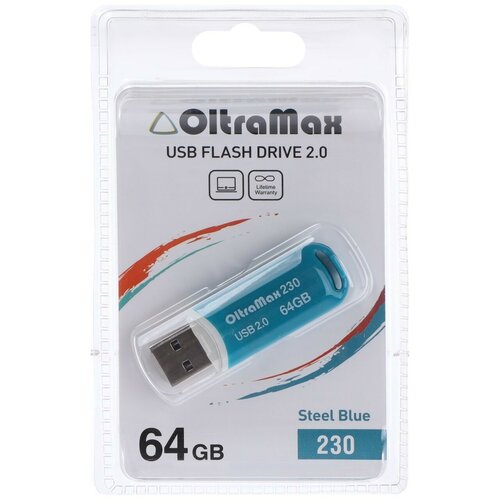 Флешка 230, 64 Гб, USB2.0, чт до 15 Мб/с, зап до 8 Мб/с, синяя