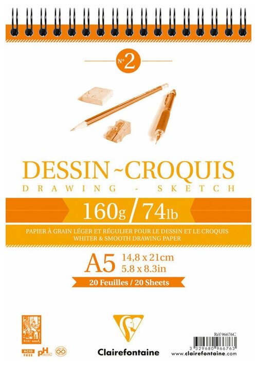 Скетчбук для сухих техник Clairefontaine Dessin Croquis  21 х 14.8 см (A5), 160 г/м², 35 л.