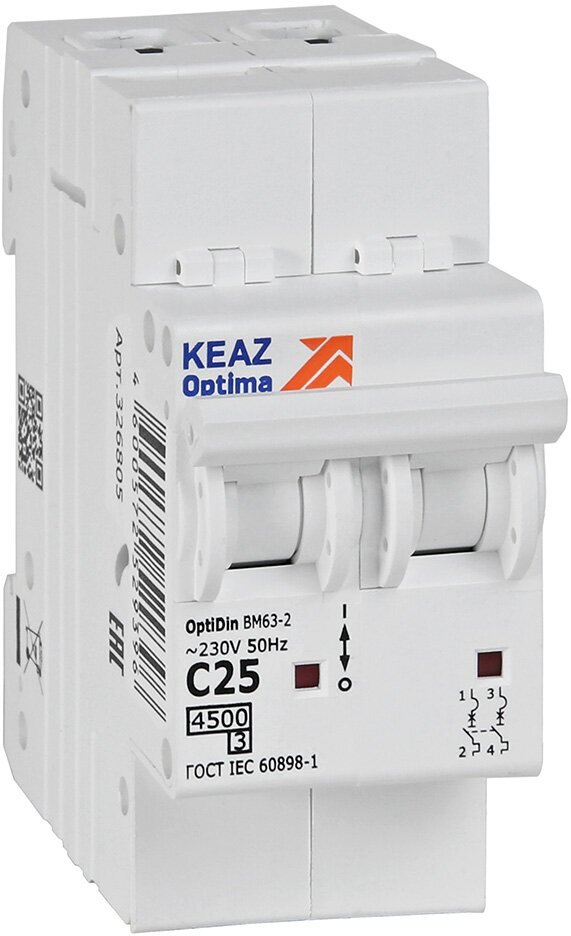 фото Выключатель автоматический двухполюсный 25А C 4,5кА AC OptiDin BM63-2C25-4,5-УХЛ3 326805 КЭАЗ